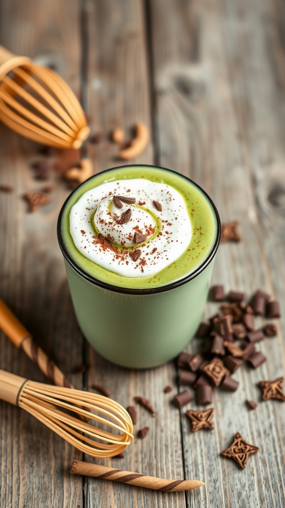 A cozy cup of green matcha hot chocolate with whipped cream and cocoa powder on a wooden table.